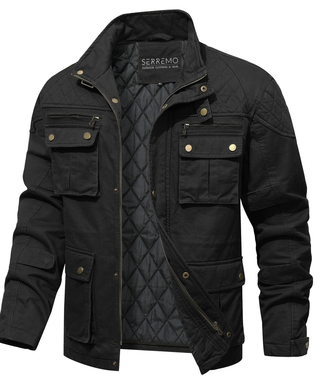 Rugged men's field jacket featuring a quilted lining and military-inspired design.