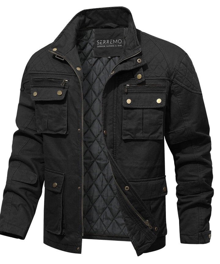 Rugged men's field jacket featuring a quilted lining and military-inspired design.