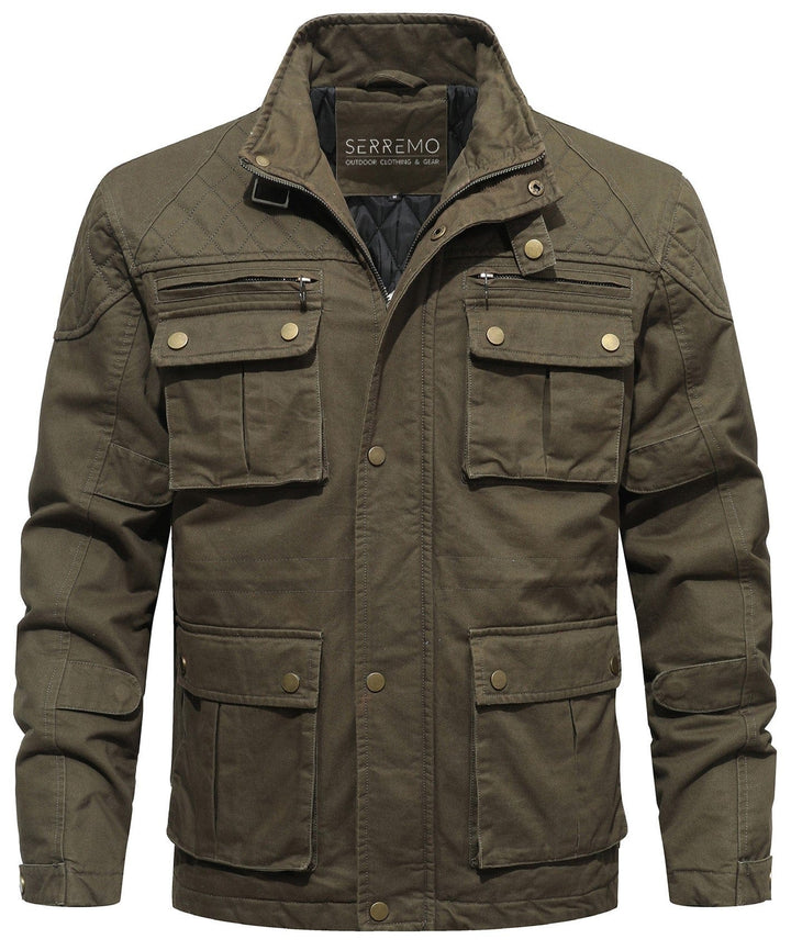 Multi-pocket men's utility jacket in a classic field style with warm quilted lining.