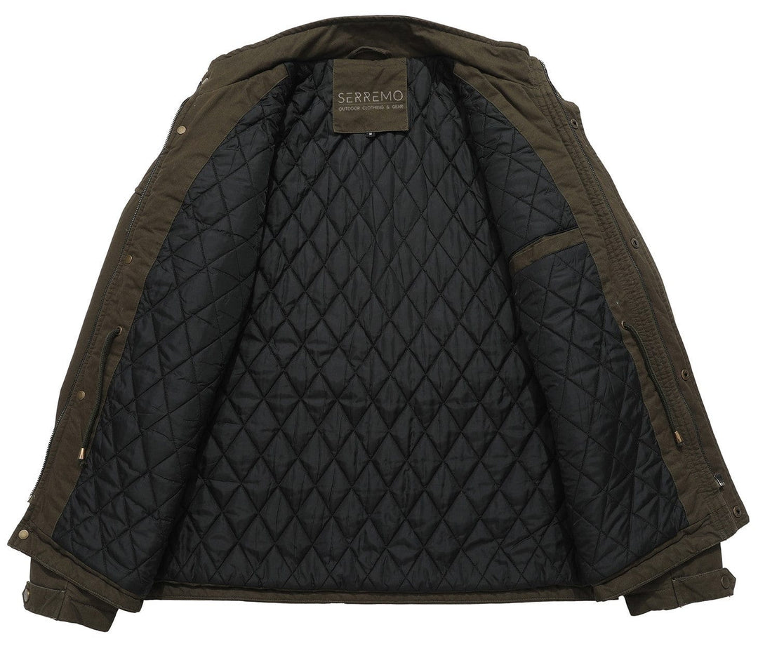 Close-up of the quilted lining inside a men's rugged utility field jacket.