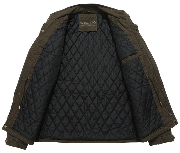 Close-up of the quilted lining inside a men's rugged utility field jacket.