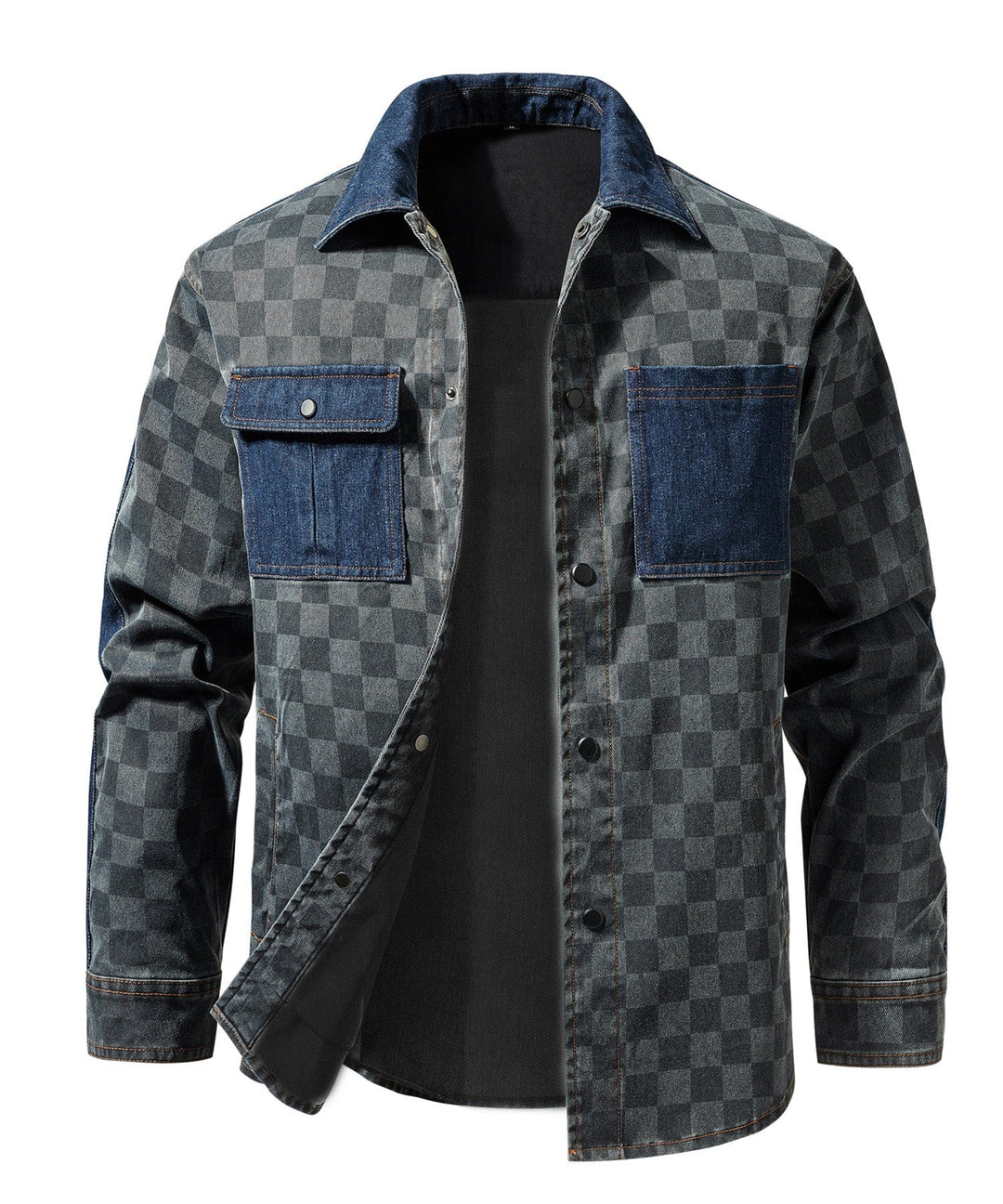 Men's Gridway Checkered Shirt Jacket in grey denim, front view, casual outerwear