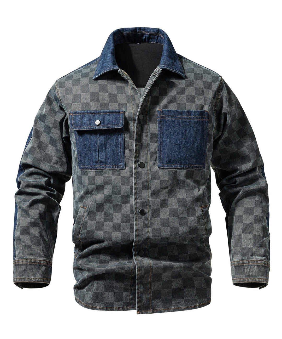Close-up of the grey checkered pattern on the men's Gridway shirt jacket fabric