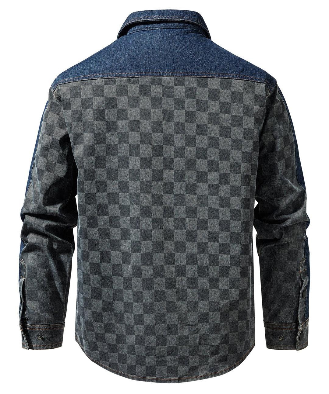 Back view of men's Gridway checkered denim jacket, showing casual fit