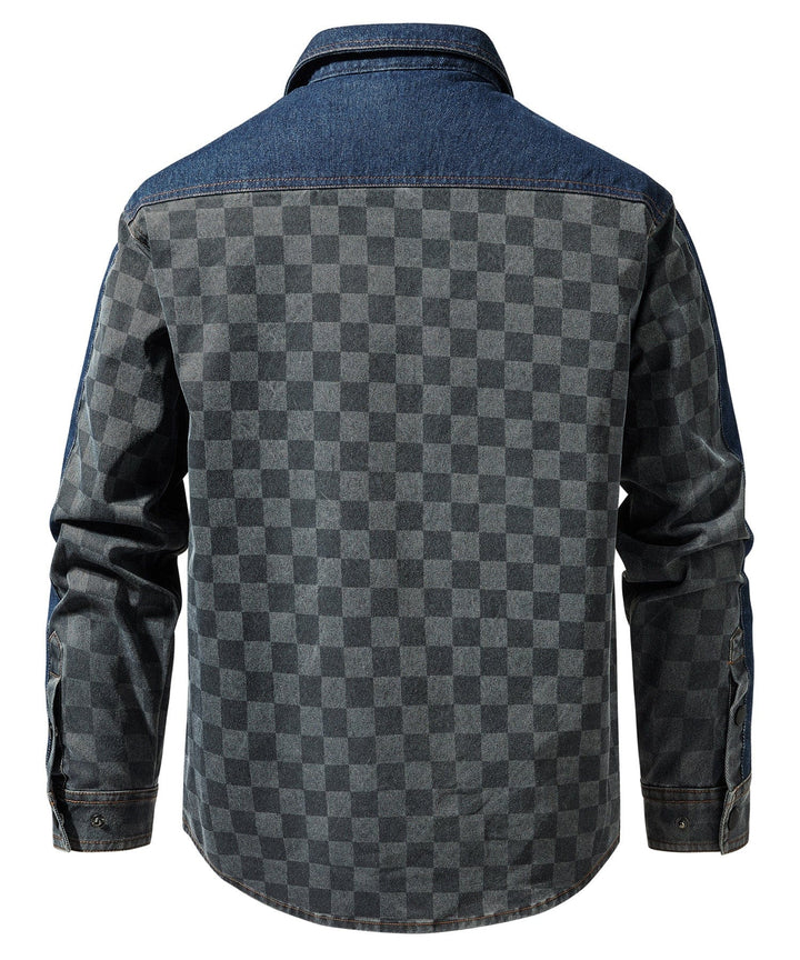 Back view of men's Gridway checkered denim jacket, showing casual fit