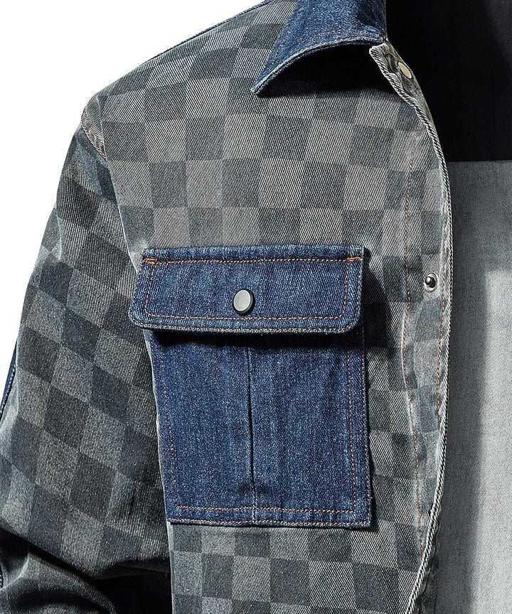 Detail of the button closure and collar on the men's grey checkered shirt jacket