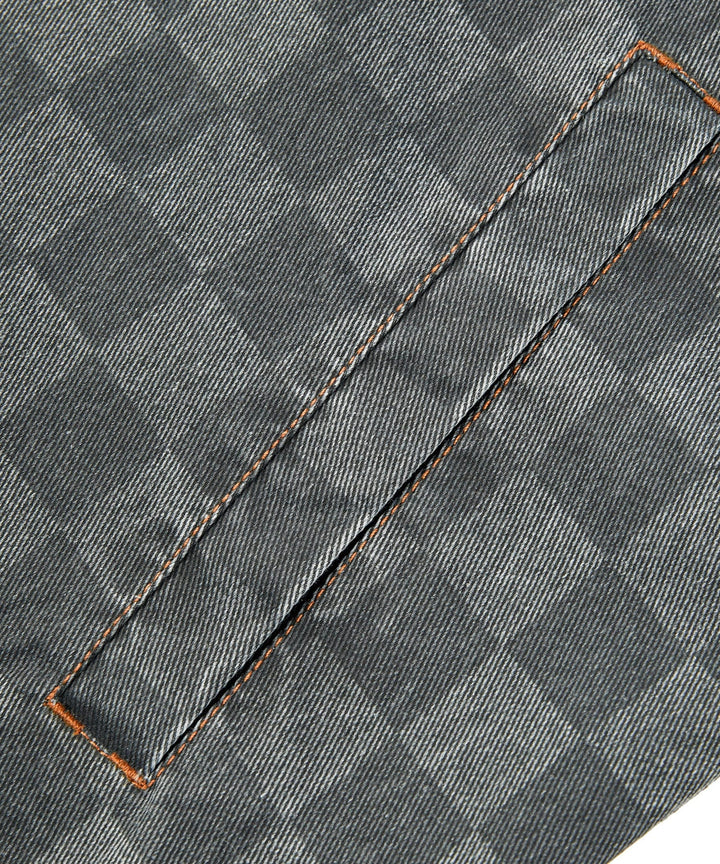 Full-body shot of men's casual grey checkered denim shirt, suitable for outerwear
