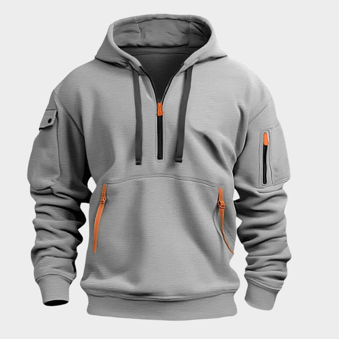 Men's half-zip hoodie, Diego model, with adjustable collar and utility pockets. Perfect for casual everyday wear.