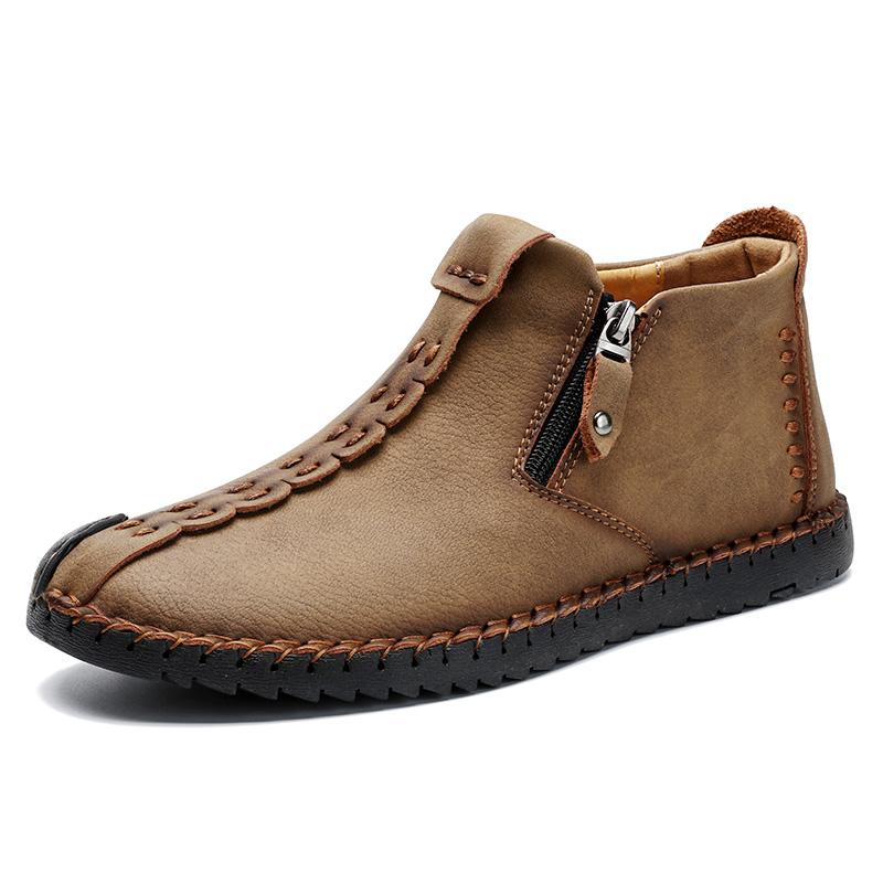 Men's hand-stitched brown leather ankle boots, casual style, for everyday comfort