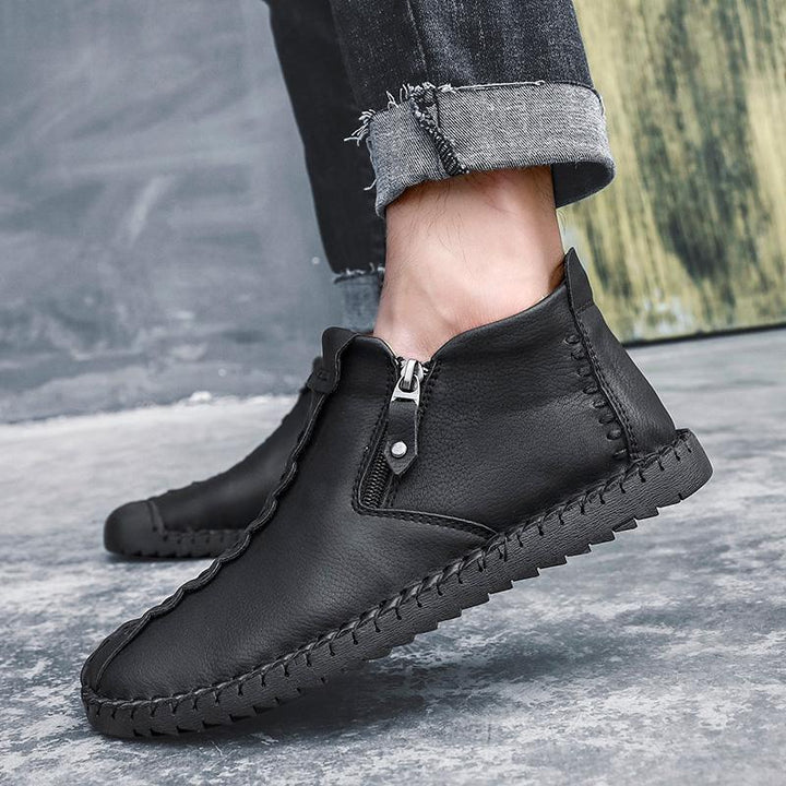 Men's brown leather orthopedic ankle boots, casual and stylish, hand-stitched quality