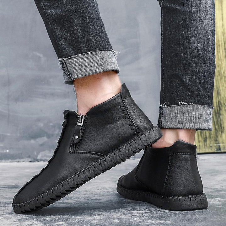 Various angles of men's hand-stitched casual leather ankle boots, non-slip design