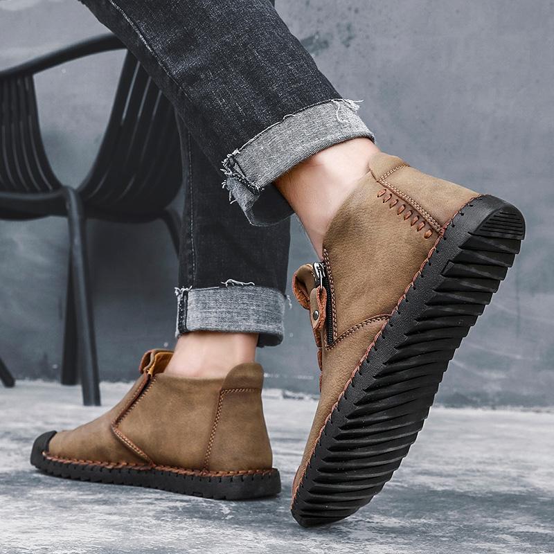 Pair of men's casual brown leather ankle boots, orthopedic and comfortable design