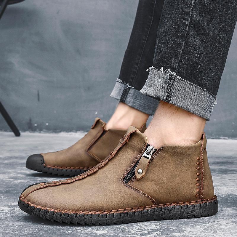 Men's brown leather ankle boots, non-slip sole for secure traction, hand-stitched
