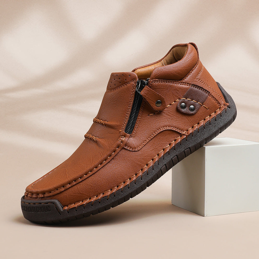 Front view of men's orthopedic hand-stitched high-top leather boots, ideal for all-day comfort.