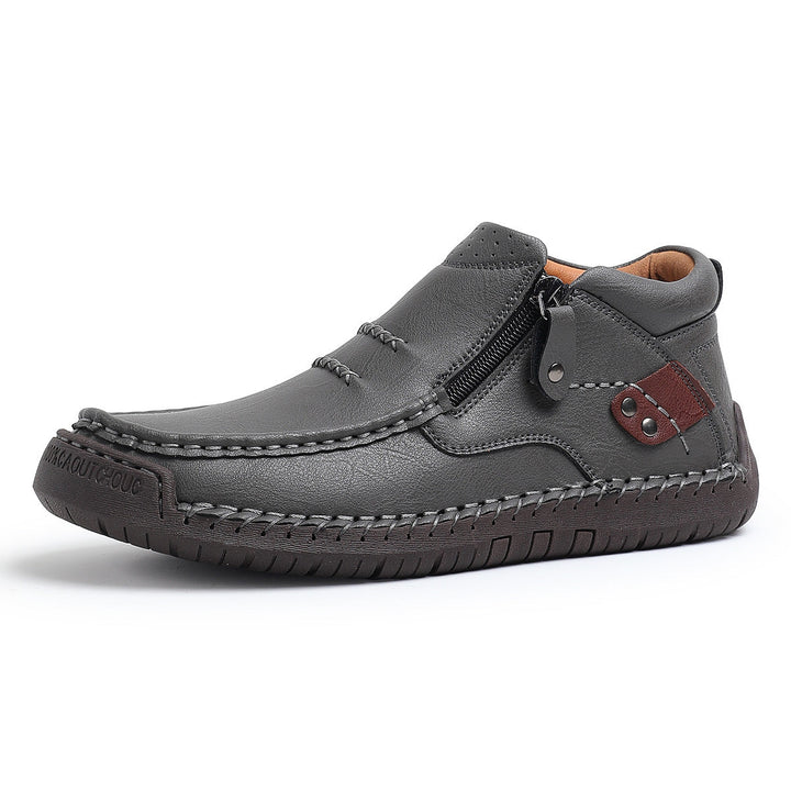 Side profile of comfortable men's high-top leather boots, showcasing their orthopedic support.