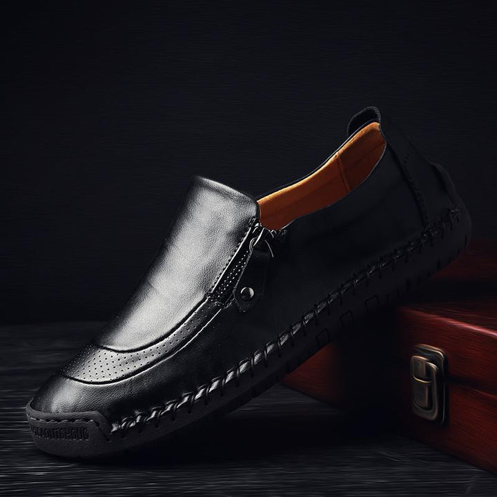 Men's casual brown leather loafers, hand-stitched, zipper for a secure and stylish fit