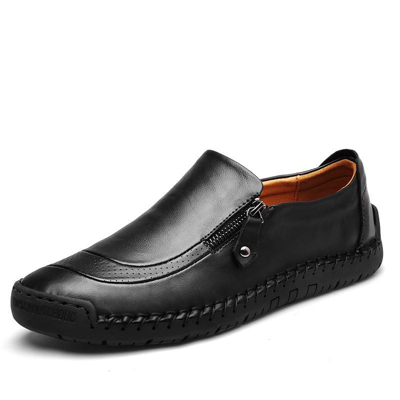 Luxury men's leather loafers, hand-stitched, sleek zipper, perfect for daily wear or events