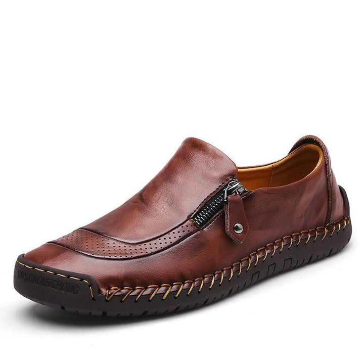 Men's hand-stitched leather dress flats, slip-on, zipper detail, comfortable & fashionable