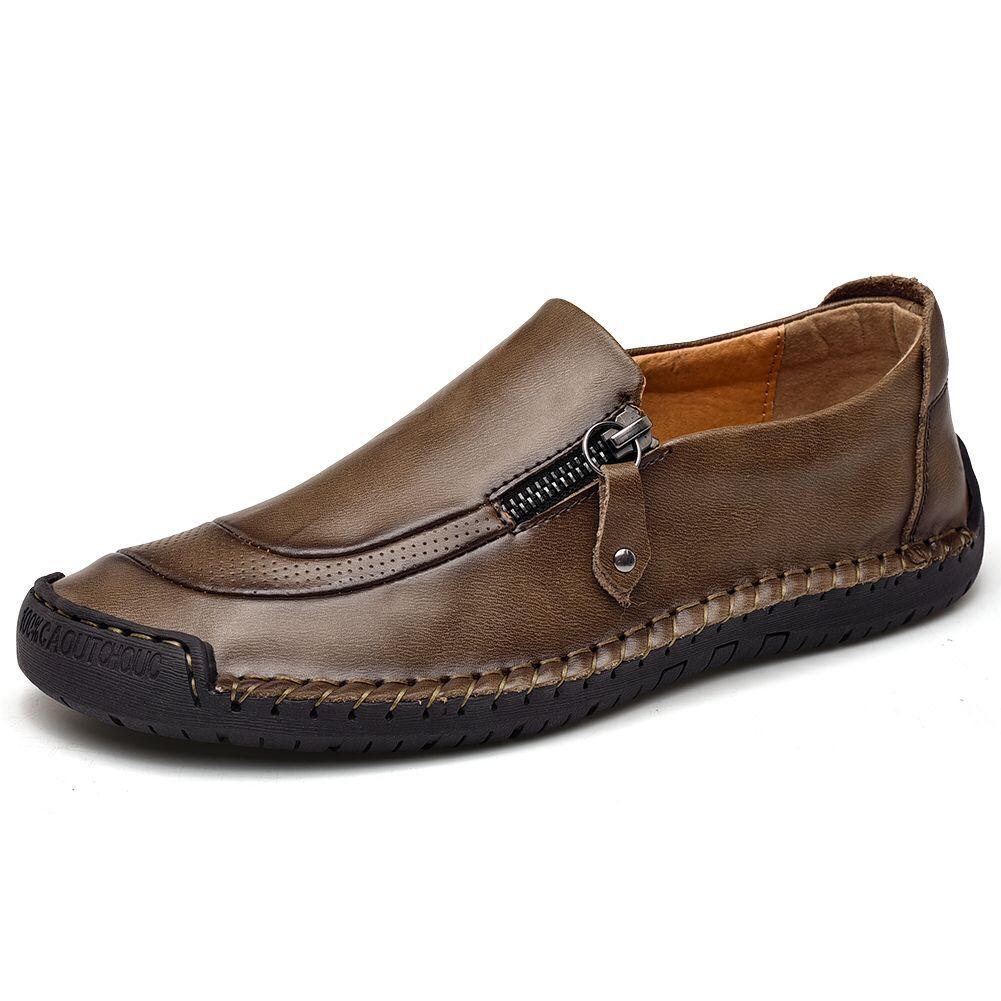 Versatile black leather men's loafers, hand-stitched, zipper accent, excellent for any season