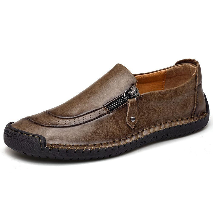 Versatile black leather men's loafers, hand-stitched, zipper accent, excellent for any season