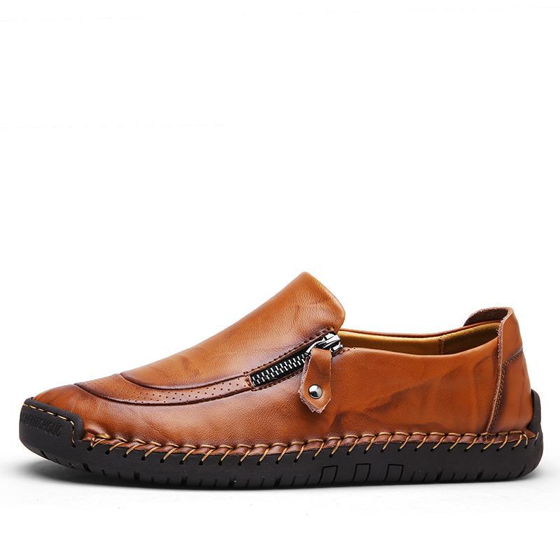 Front view of men's casual leather loafers, slip-on design, prominent zipper, all-season wear