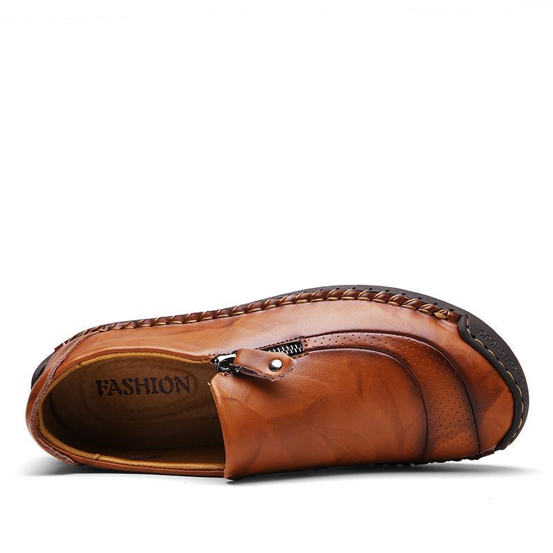 Elegant men's black leather slip-on shoes, hand-stitched, sleek zipper, perfect for dress casual