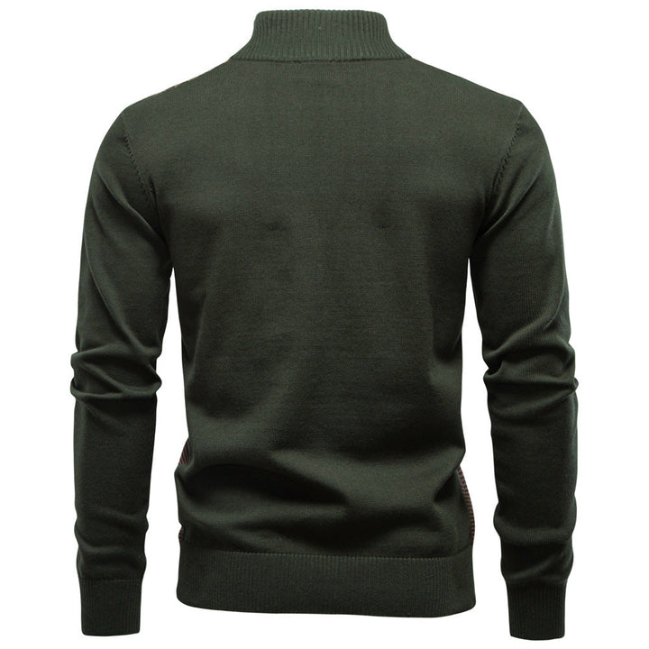 Side profile of men's half-zip sweater, showcasing comfortable fit and stretch, everyday top