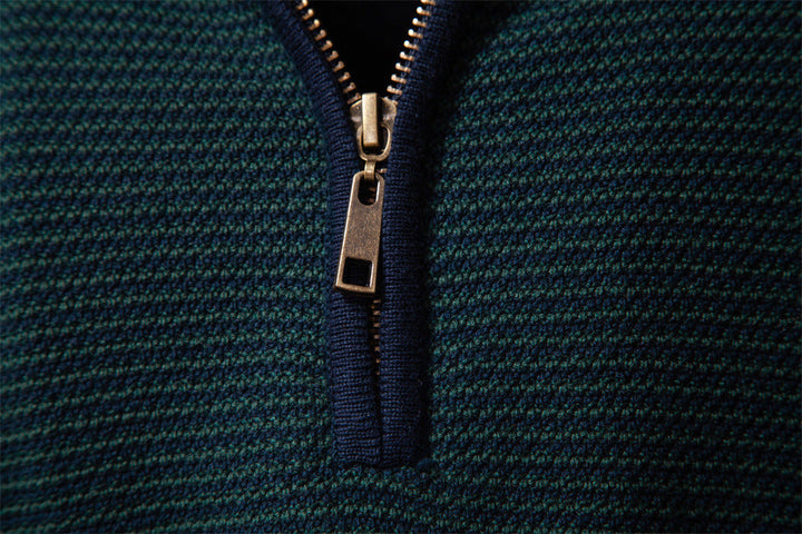 Lifestyle shot of man wearing a modern half-zip cotton blend sweater, autumn layering