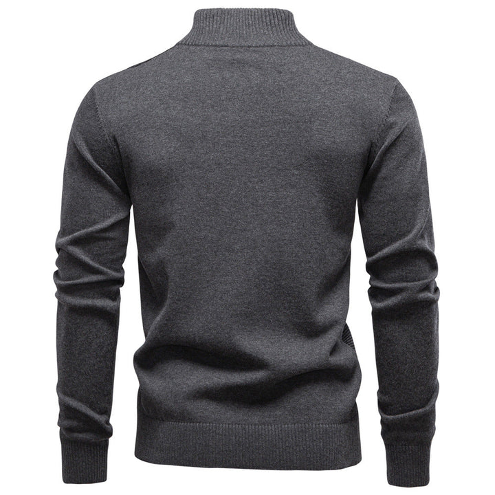 Model wearing red men's half-zip sweater, showing stretch fit, ideal casual menswear
