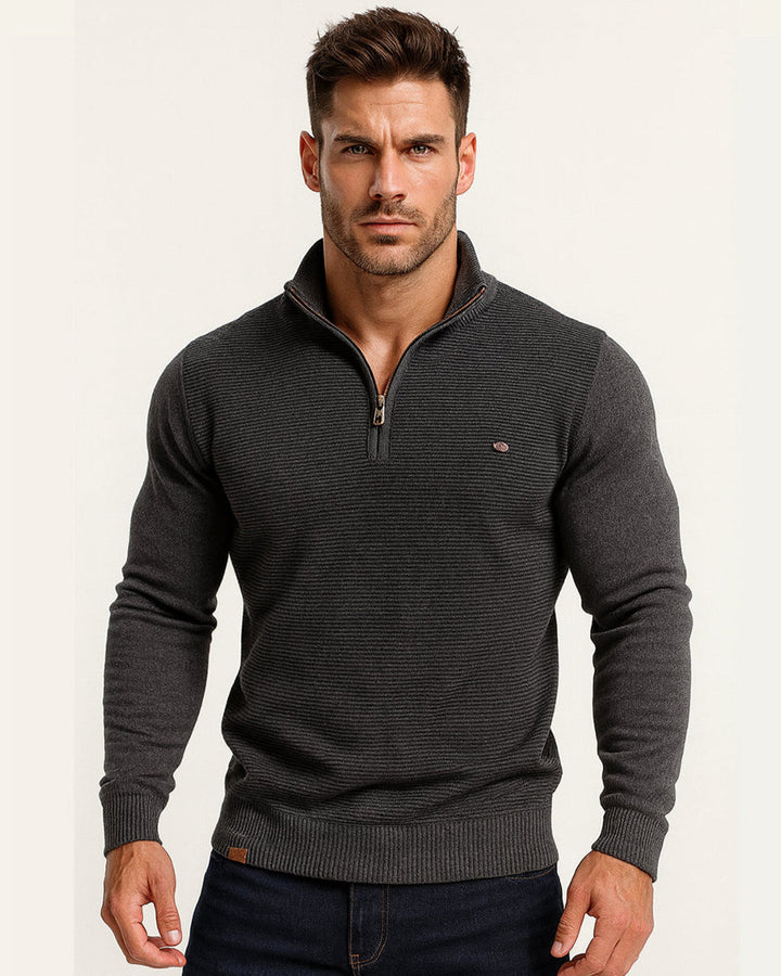 Front view of men's beige half-zip cotton blend sweater, ribbed cuffs and hem detail