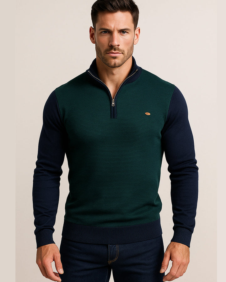 Detailed shot of zipper on men's half-zip cotton blend pullover, quality menswear