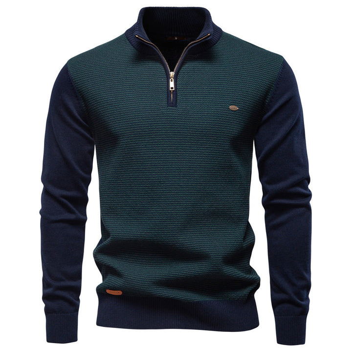 Men's charcoal gray half-zip sweater, premium cotton blend knitwear for smart casual look