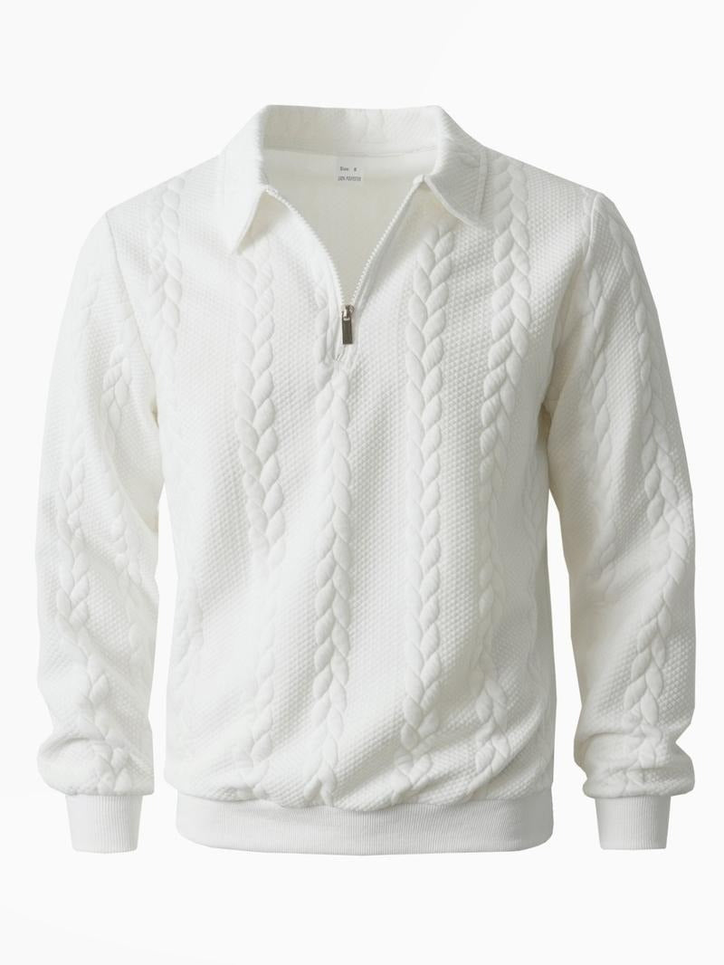 Close-up of a men's polyester knit half-zip sweater in classic navy, long sleeve style.