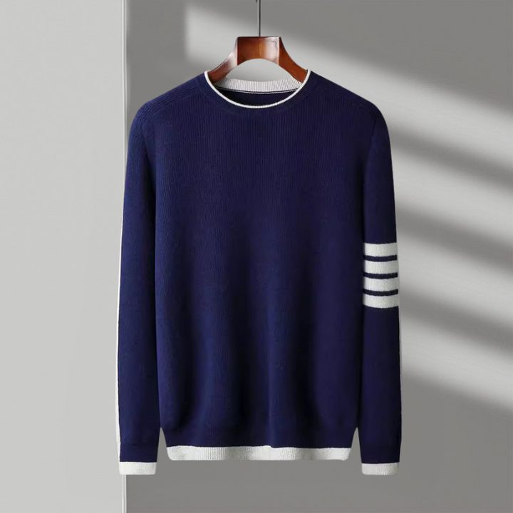 Front view of a men's versatile knit crewneck sweater, featuring a classic contrast stripe pattern.