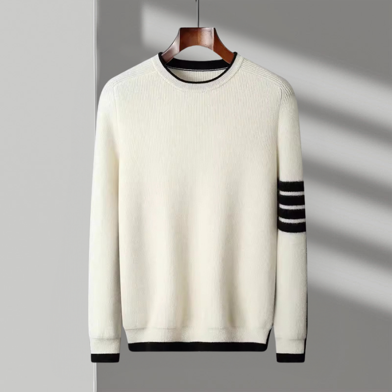 High-quality knit men's sweater, crewneck, with eye-catching contrast stripes, perfect casual wear.