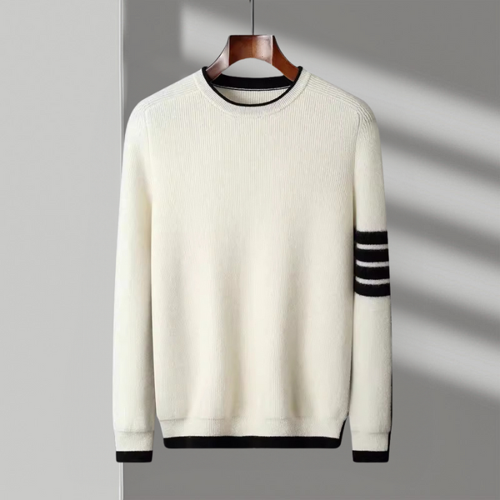 High-quality knit men's sweater, crewneck, with eye-catching contrast stripes, perfect casual wear.