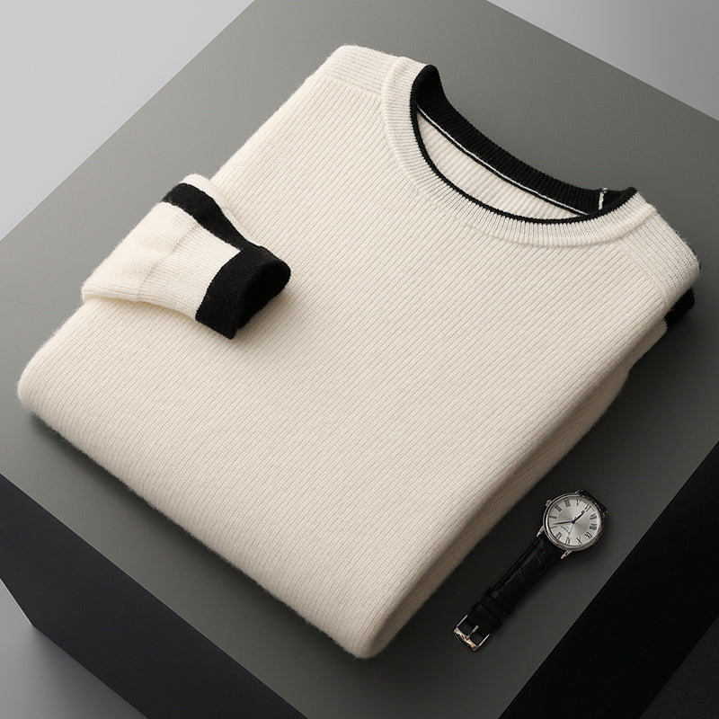 Men's casual crewneck sweater in knit, featuring a stylish contrast stripe pattern, front view.