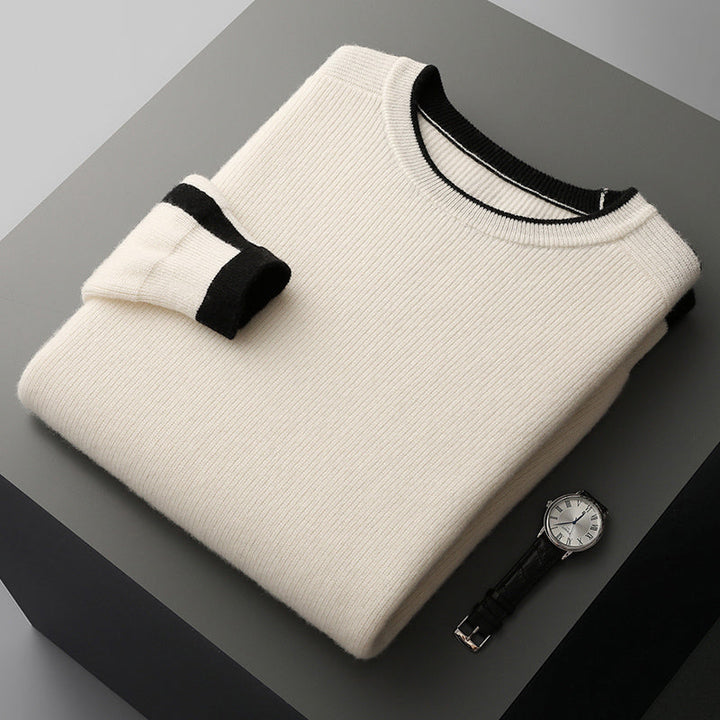 Men's casual crewneck sweater in knit, featuring a stylish contrast stripe pattern, front view.