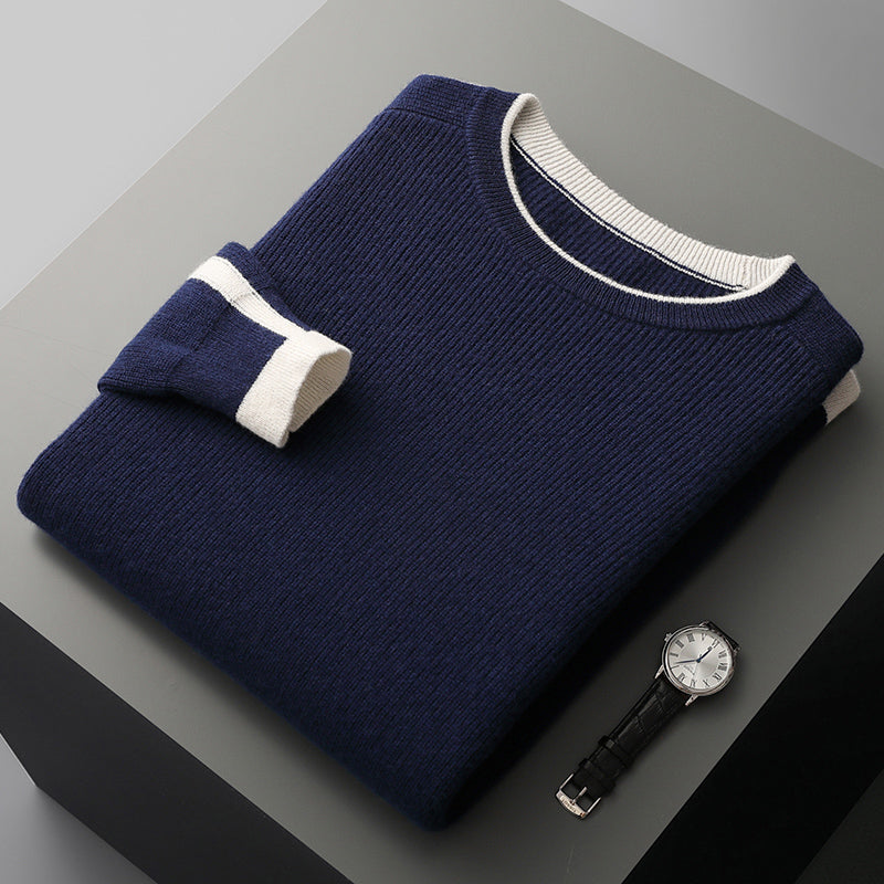 A full-length shot of a men's striped knit crewneck sweater, perfect for everyday fashion.