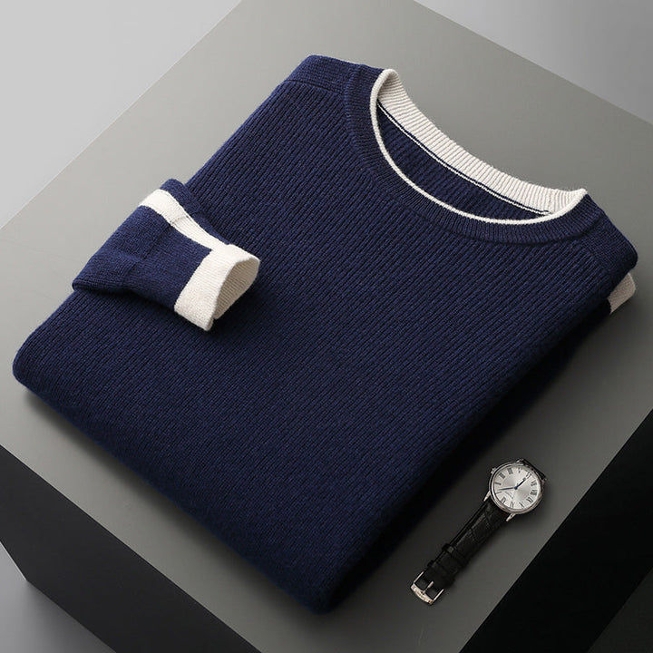 A full-length shot of a men's striped knit crewneck sweater, perfect for everyday fashion.
