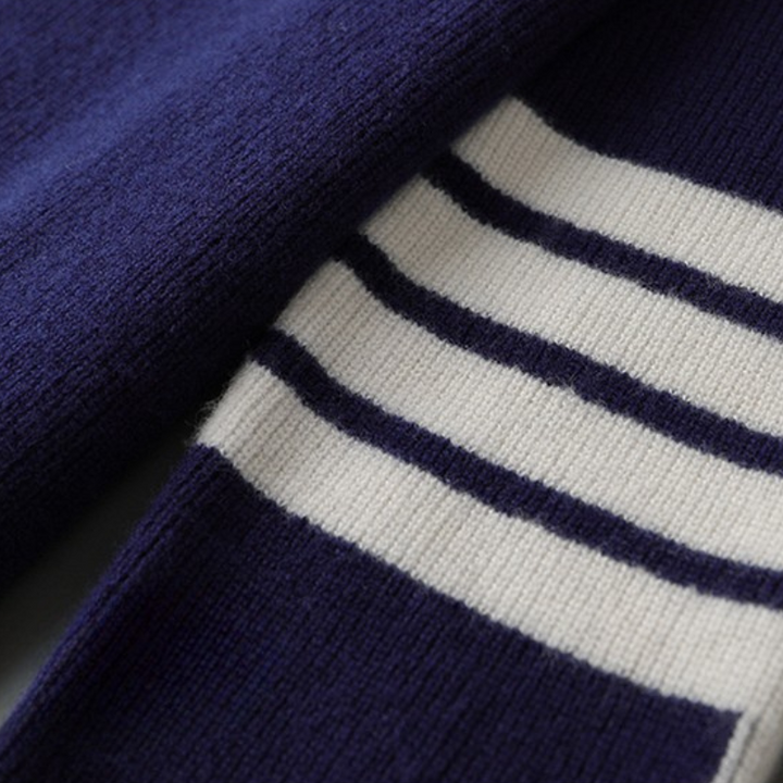 Casual attire for men: a soft knit crewneck sweater with a modern contrast stripe design.