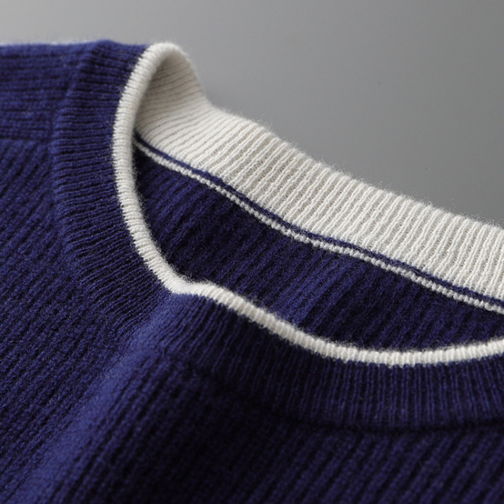 A men's crewneck striped sweater, showcasing its comfortable fit and fashionable knit fabric.