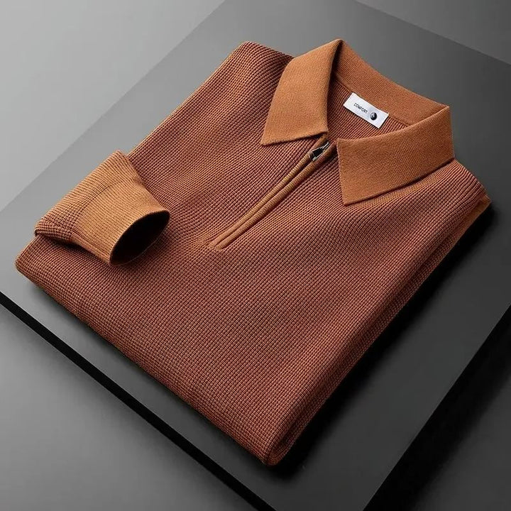Men's heather grey pullover zip polo sweater, long sleeve, cotton knit for casual wear