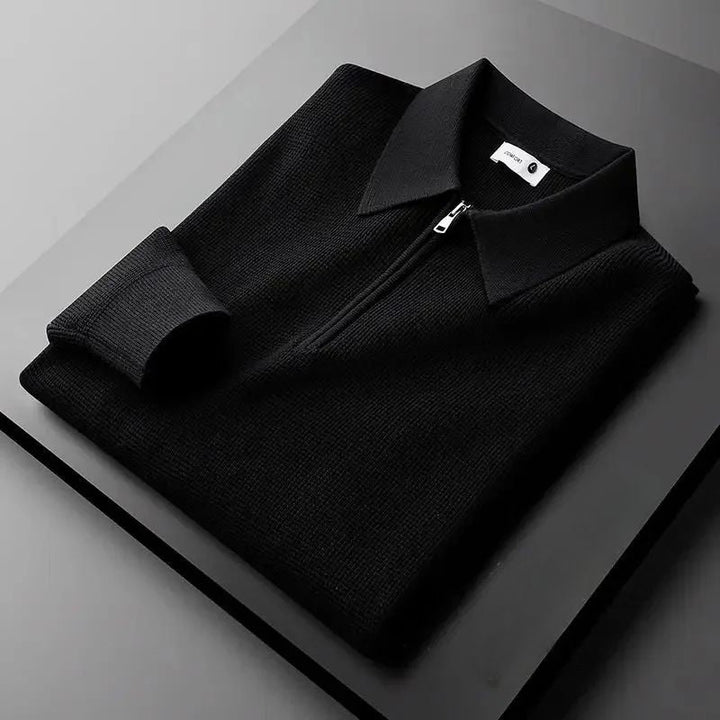 Stylish men's long sleeve zip polo sweater in black, suitable for casual wear and fashion