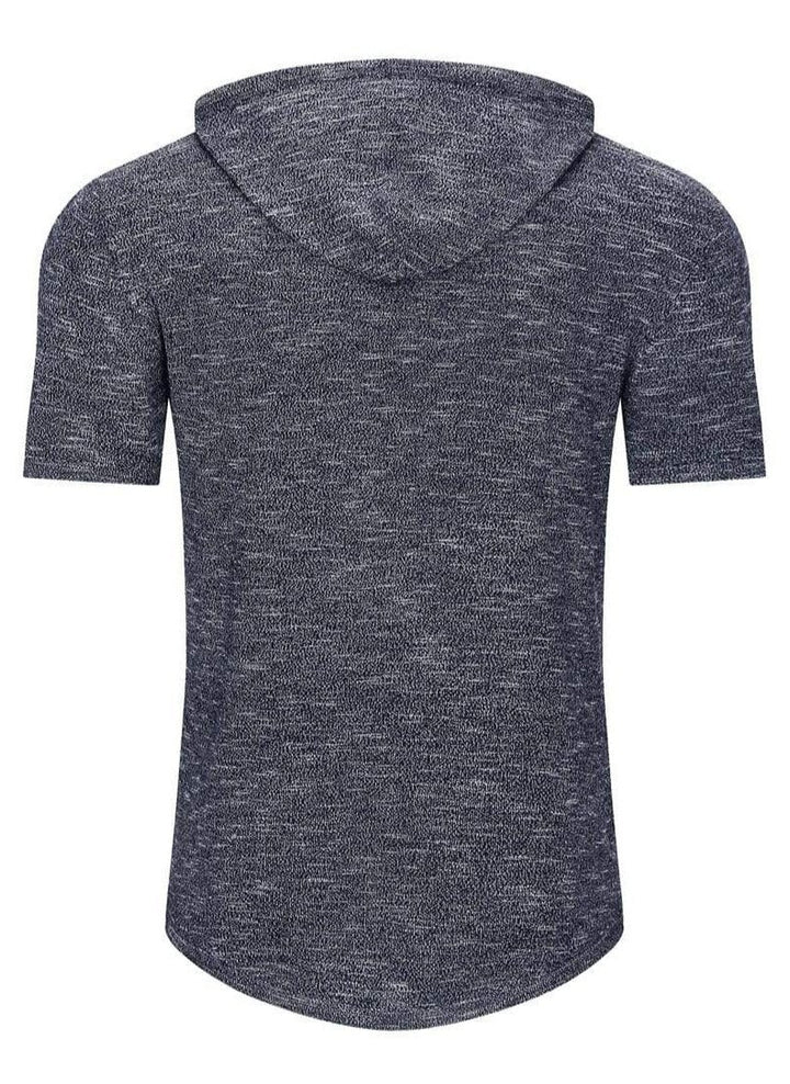 Inside view of a black men's short-sleeve hoodie, showing soft cotton blend fabric