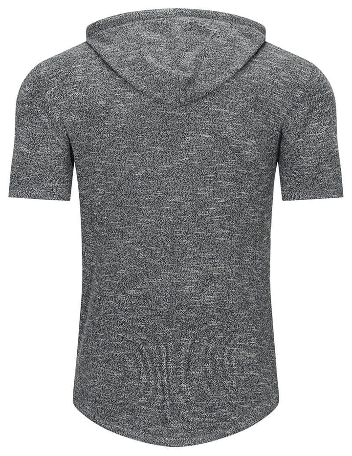 Detail of the hood and drawstrings on a men's short-sleeve athletic hoodie, quality construction