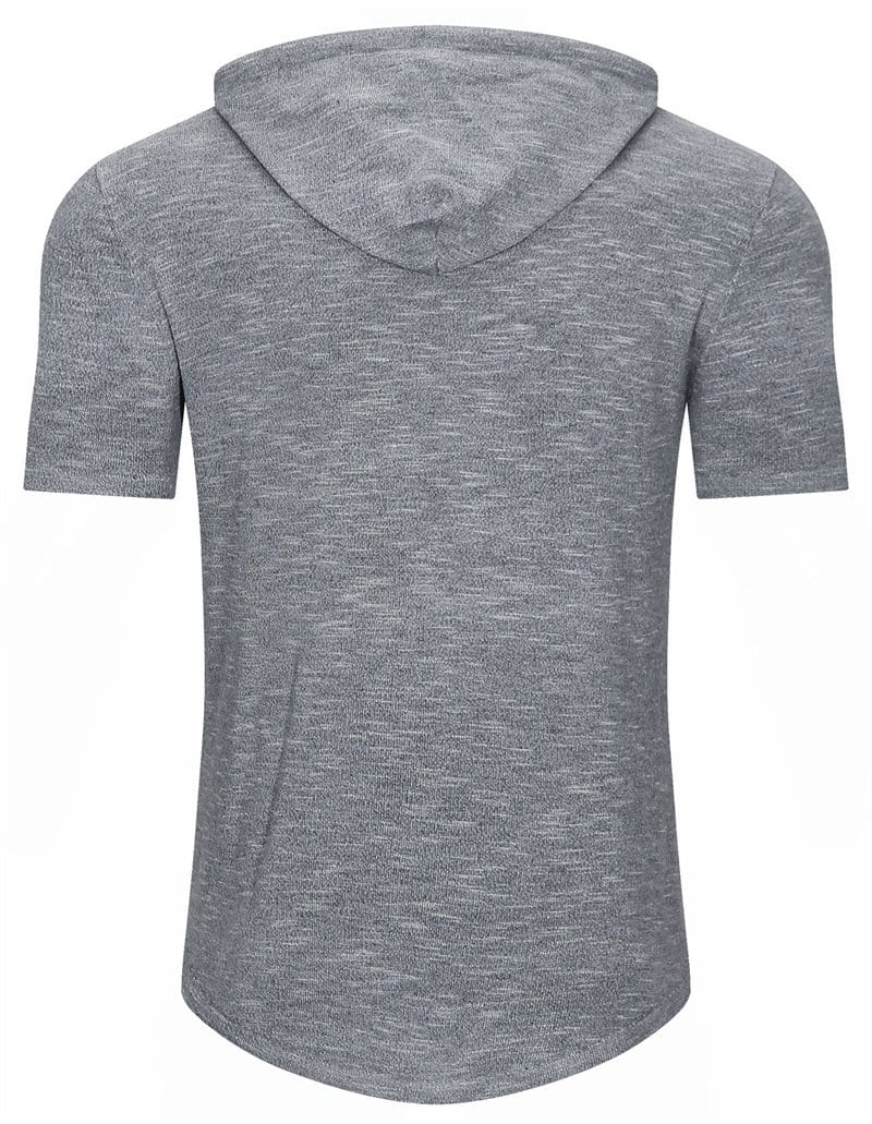 Man lifting weights in a grey men's short-sleeve gym hoodie, offering great flexibility & style