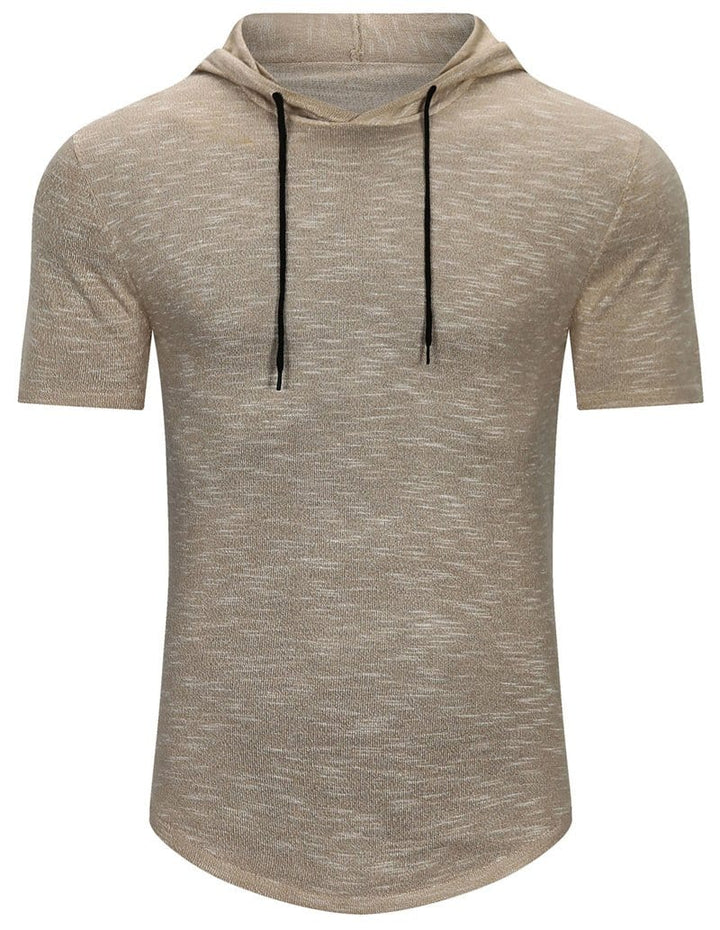 Model wearing a black men's performance short-sleeve hoodie, ideal for workouts or everyday style