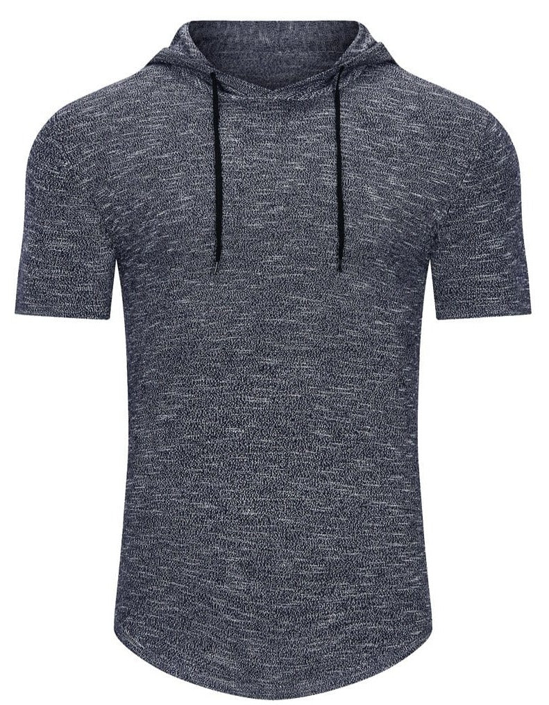 Close-up of the fabric on a men's short-sleeve hoodie, highlighting the comfortable cotton blend