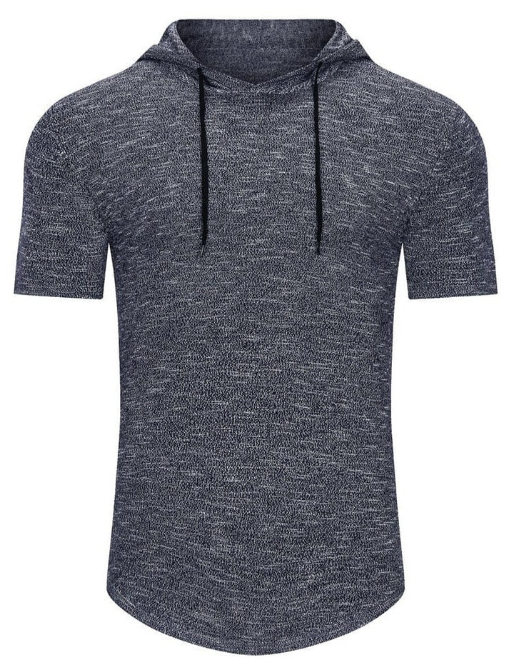 Close-up of the fabric on a men's short-sleeve hoodie, highlighting the comfortable cotton blend